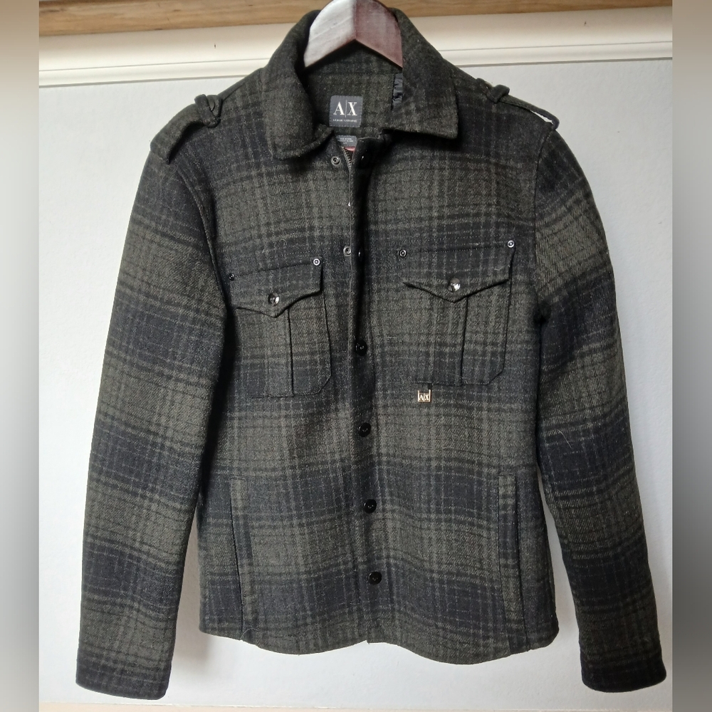 Armani Exchange Plaid Wool Coat, Size S in black and green
